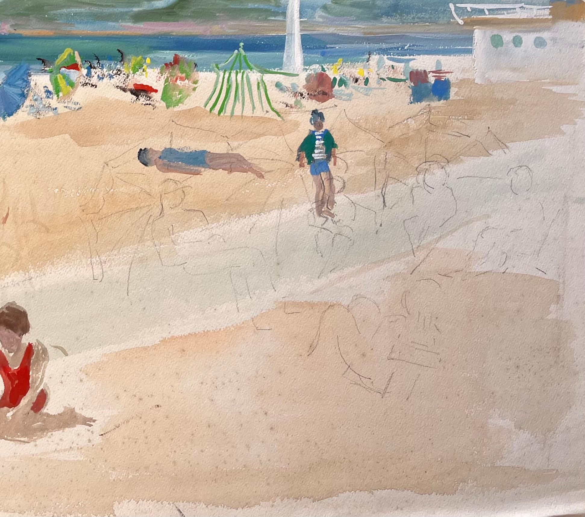Title: French Mid 20 Century Watercolor of Beachgoers and Parasols at a Seaside Resort
by Anne Marie Migette Perard (French 1902-1977)
Medium: Watercolor on unframed paper
Size: 18 inches (height) x 21.5 inches (width) 
Condition: As is normal with
