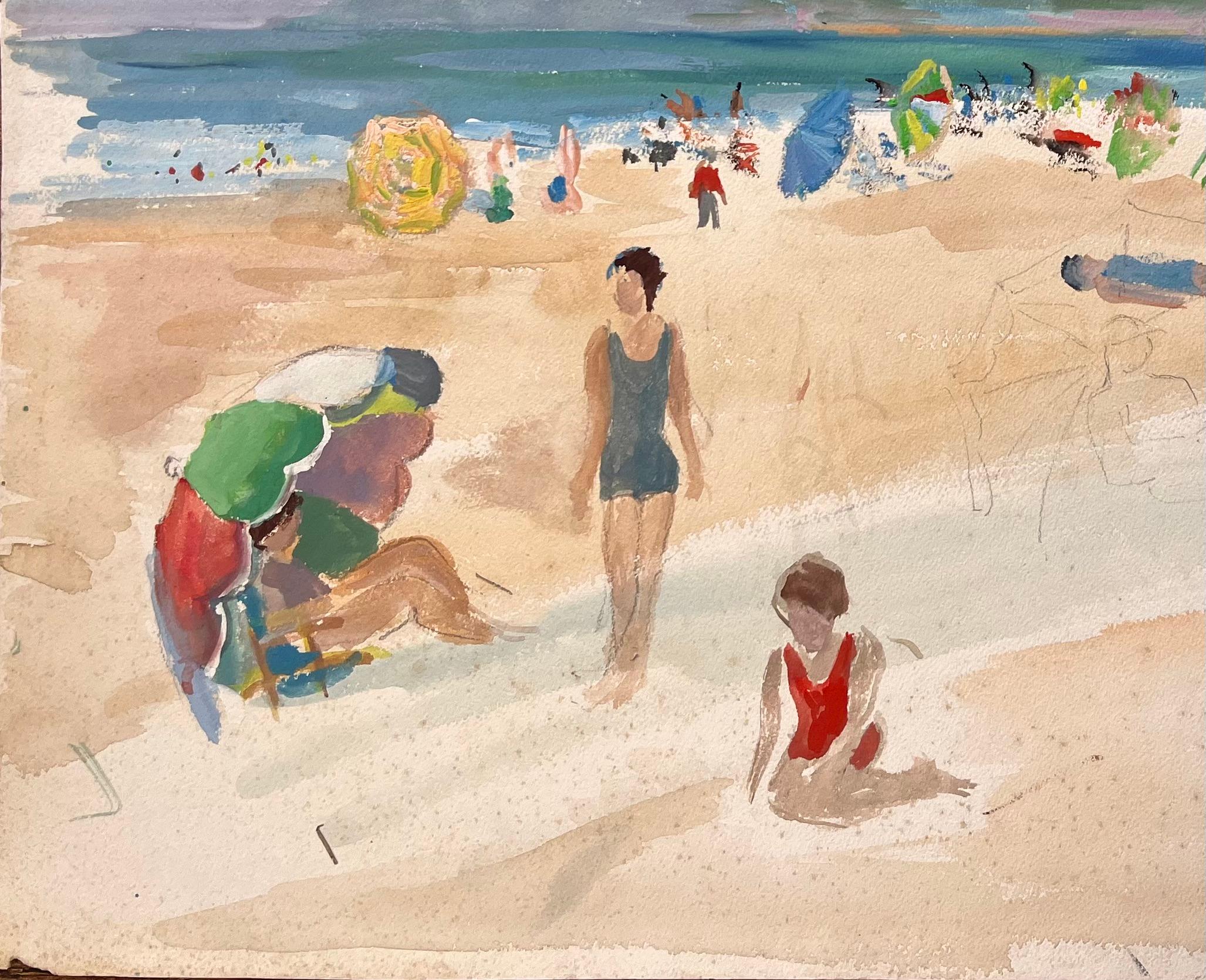 French Mid 20 Century Watercolor of Beachgoers and Parasols at a Seaside Resort For Sale 1