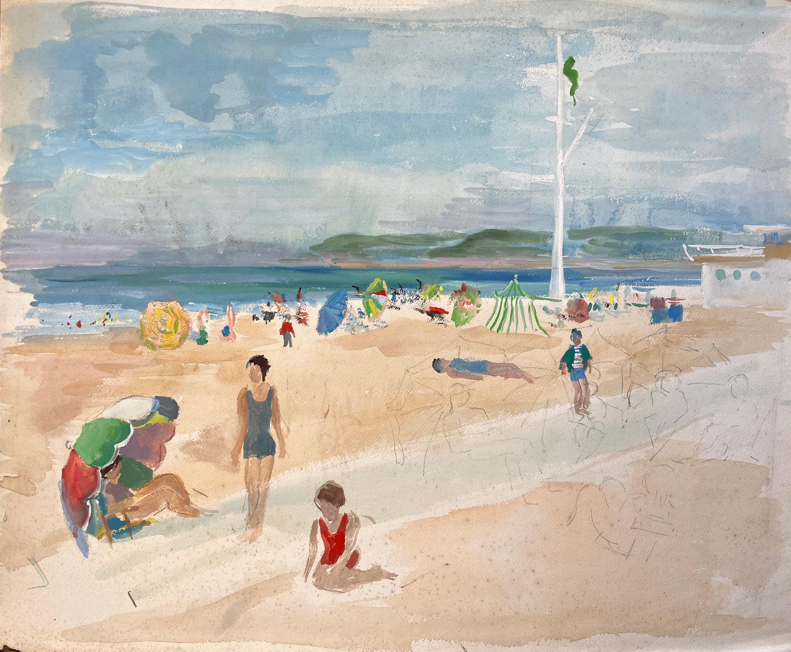 Anne Marie Migette Perard Landscape Painting - French Mid 20 Century Watercolor of Beachgoers and Parasols at a Seaside Resort