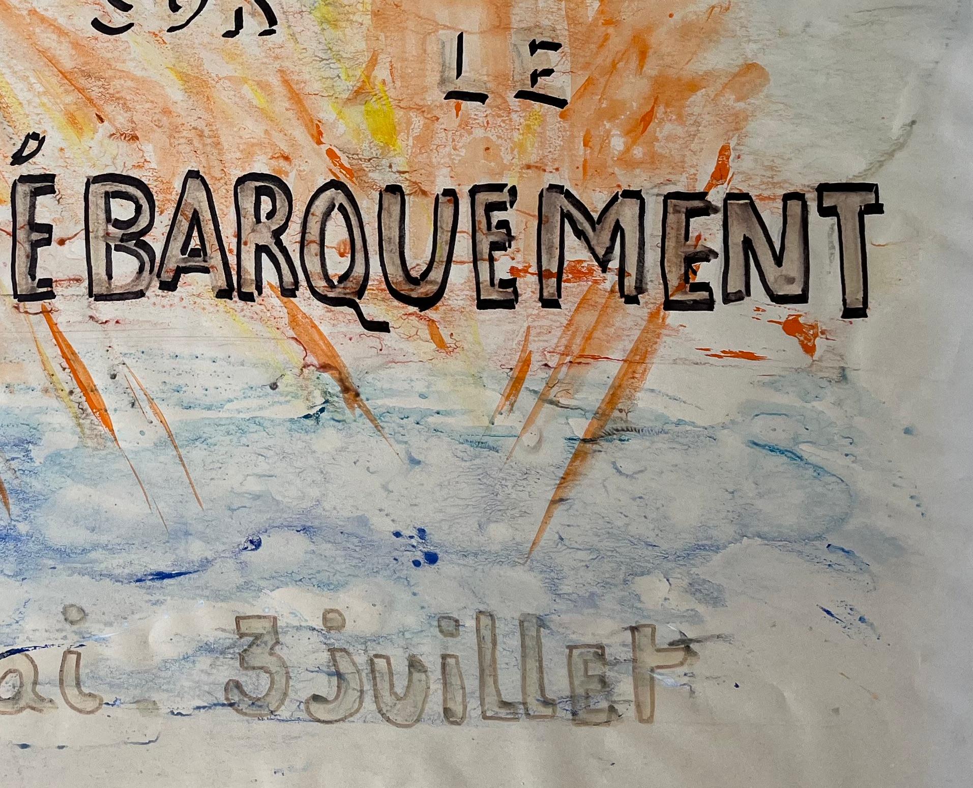 Título: Estudio de cartel de exposición francés de mediados del siglo XX para el Desembarco de Normandía de la Segunda Guerra Mundial
de Anne Marie Migette Perard (francesa 1902-1977)
Técnica: Acuarela y tinta sobre papel sin enmarcar
Tamaño: 19,75