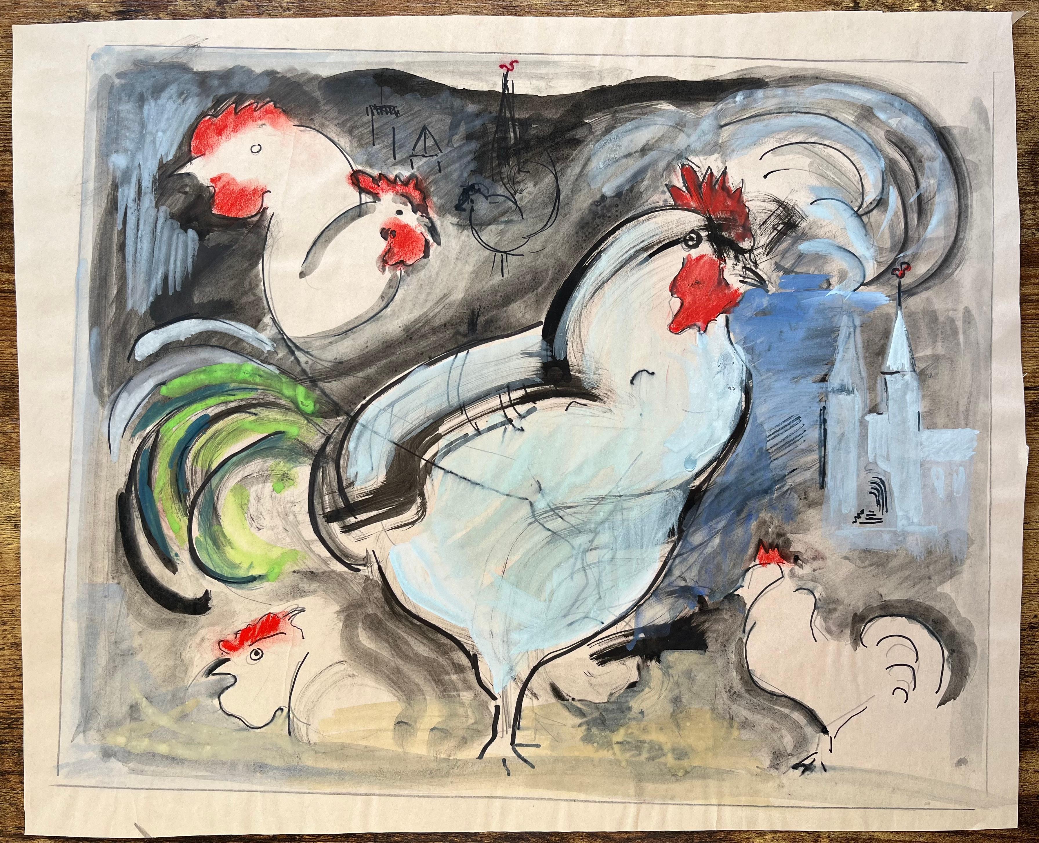 Quadro a guazzo francese della metà del XX secolo con galli e scena di chiesa rurale - Painting di Anne Marie Migette Perard