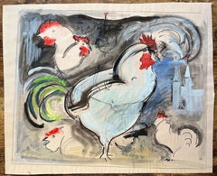 French Mid 20th Century Gouache Painting of Roosters and Rural Church Scene