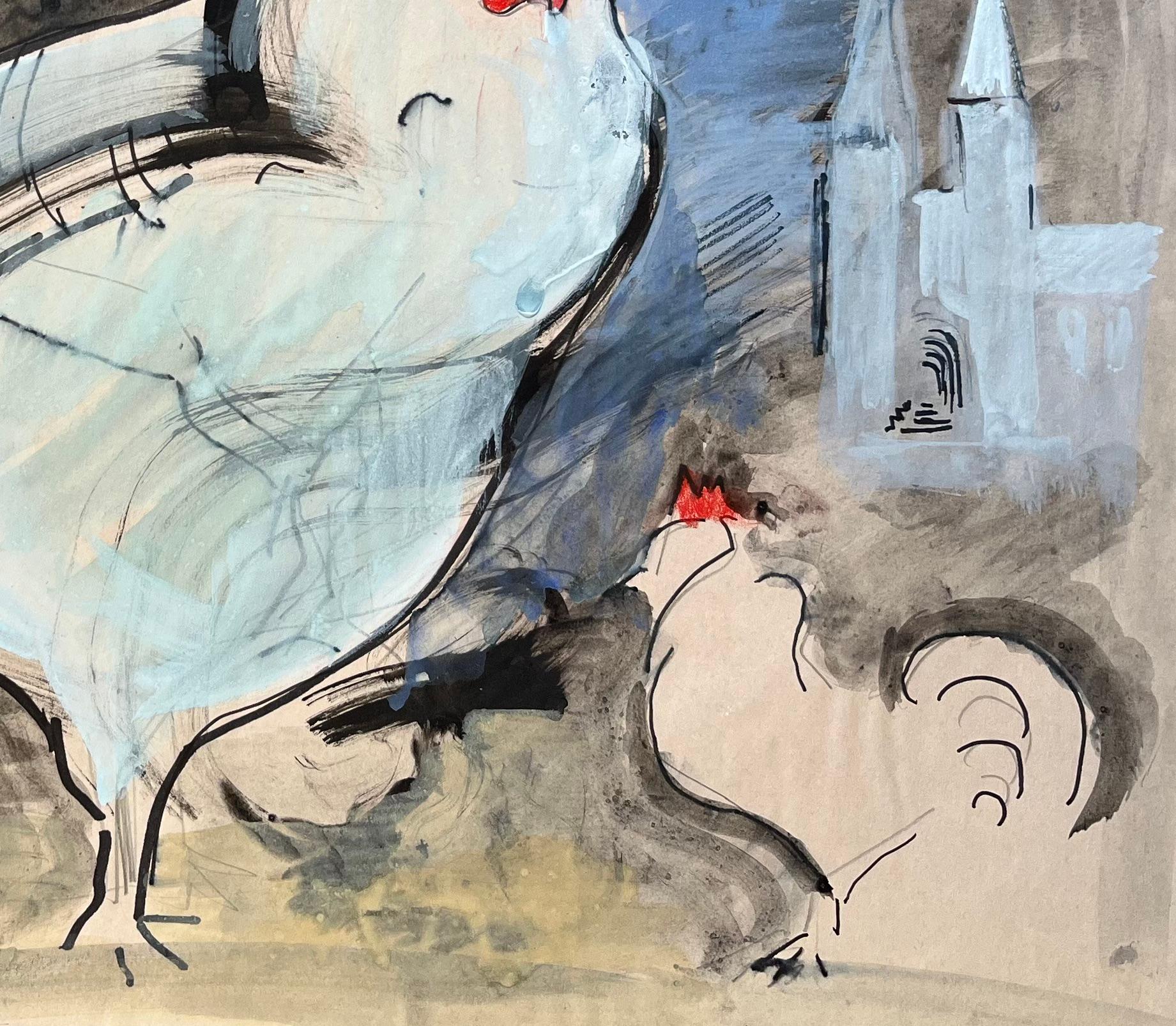 Titolo: Quadro a guazzo francese della metà del XX secolo con galli e scena di chiesa rurale
di Anne Marie Migette Perard (francese, 1902-1977)
Mezzo: Guazzo su carta
Dimensioni: 14,5 pollici (altezza) x 17,75 pollici (larghezza) 
Condit: Come è