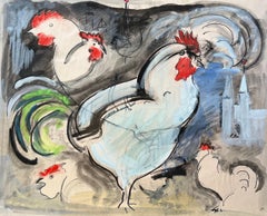 French Mid 20th Century Gouache Painting of Roosters and Rural Church Scene