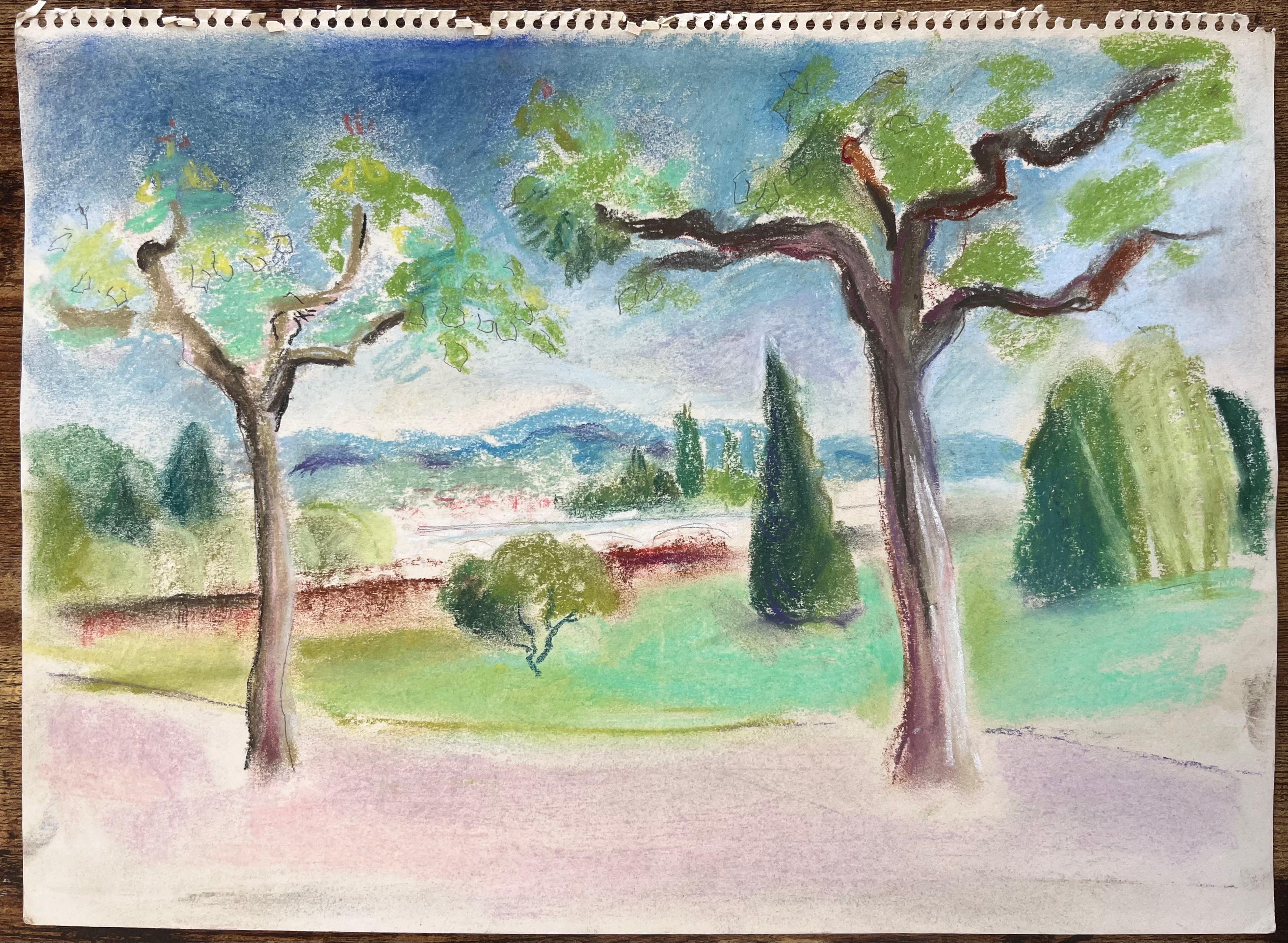 Paysage français du milieu du 20e siècle, avec arbres et collines lointaines - Painting de Anne Marie Migette Perard