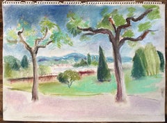 French Mid-20th Century Pastel Landscape of Trees and Distant Hills