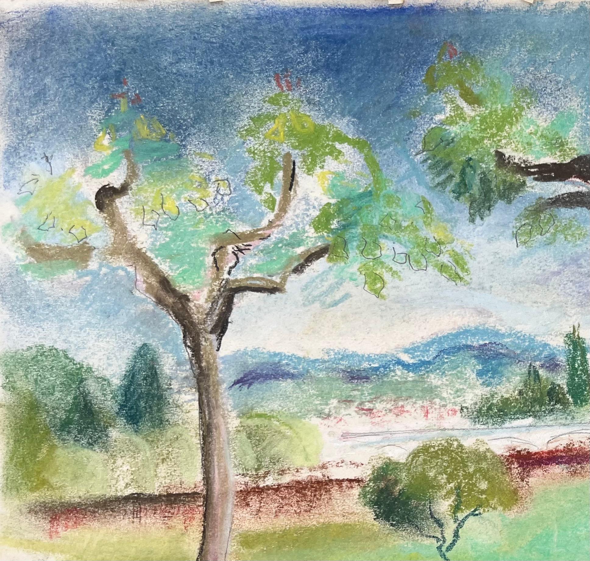 Paysage français du milieu du 20e siècle, avec arbres et collines lointaines - Post-impressionnisme Painting par Anne Marie Migette Perard
