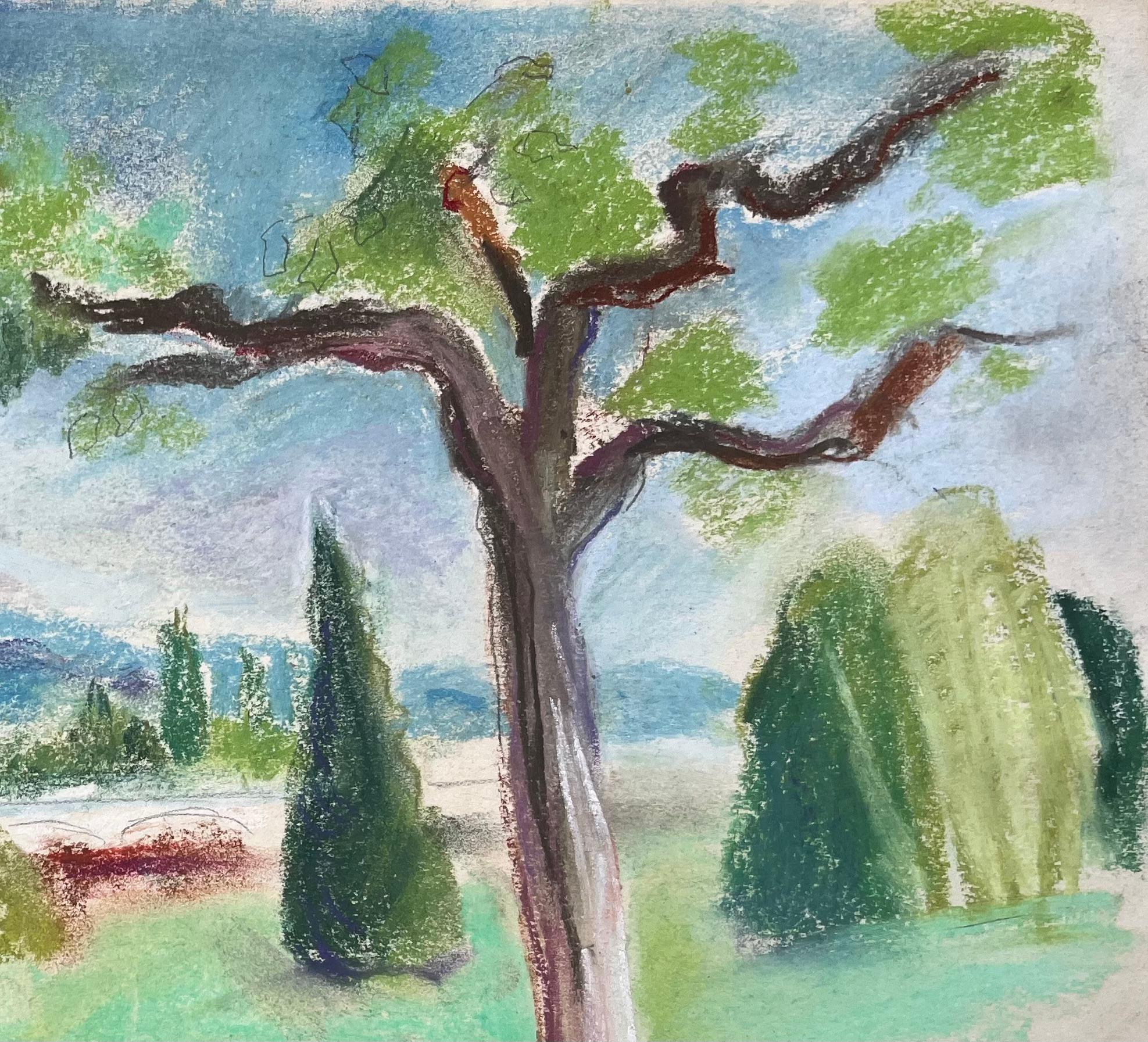 Paysage français du milieu du 20e siècle, avec arbres et collines lointaines - Gris Figurative Painting par Anne Marie Migette Perard