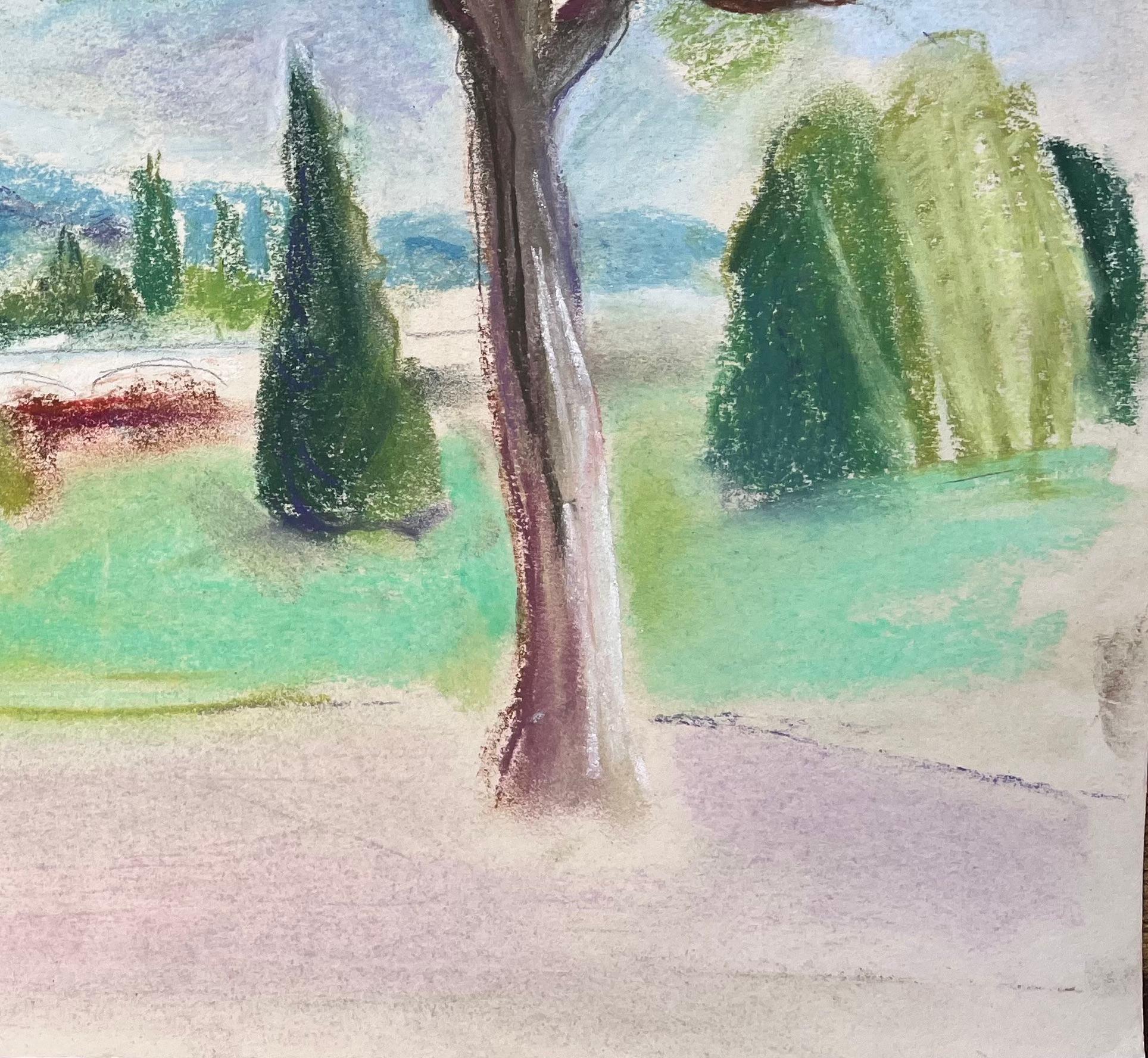 Titre : Paysage au pastel français du milieu du 20e siècle avec des arbres et des collines lointaines.
par Anne-Marie Migette Perard (française 1902-1977)
Support : Pastel sur papier non encadré
Taille : 10,75 pouces (hauteur) x 14,5 pouces