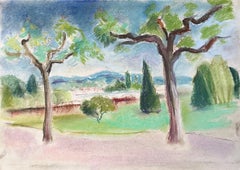 French Mid-20th Century Pastel Landscape of Trees and Distant Hills