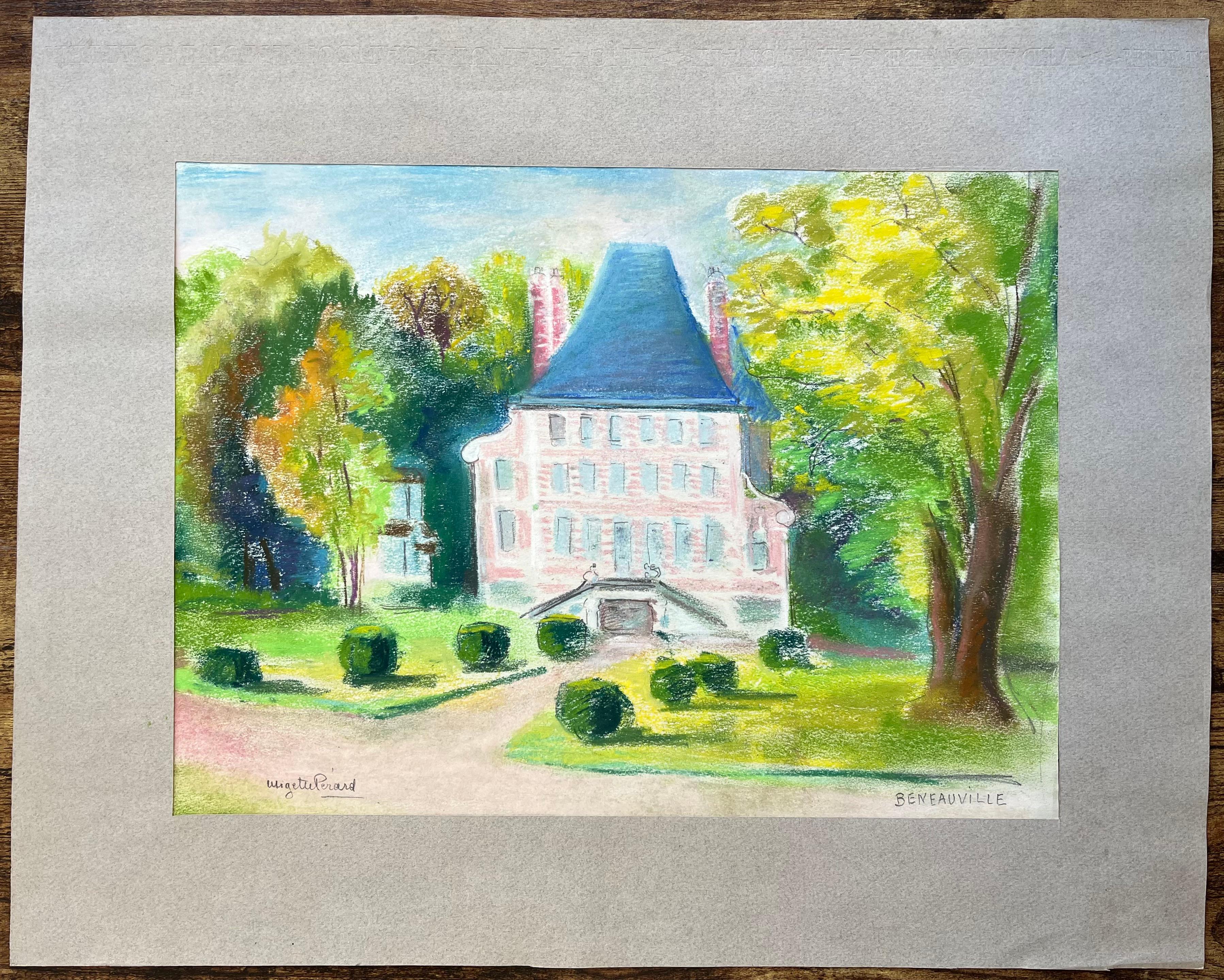 Pastel francés de mediados del siglo XX del Castillo de Bénéauville en Normandía - Painting de Anne Marie Migette Perard