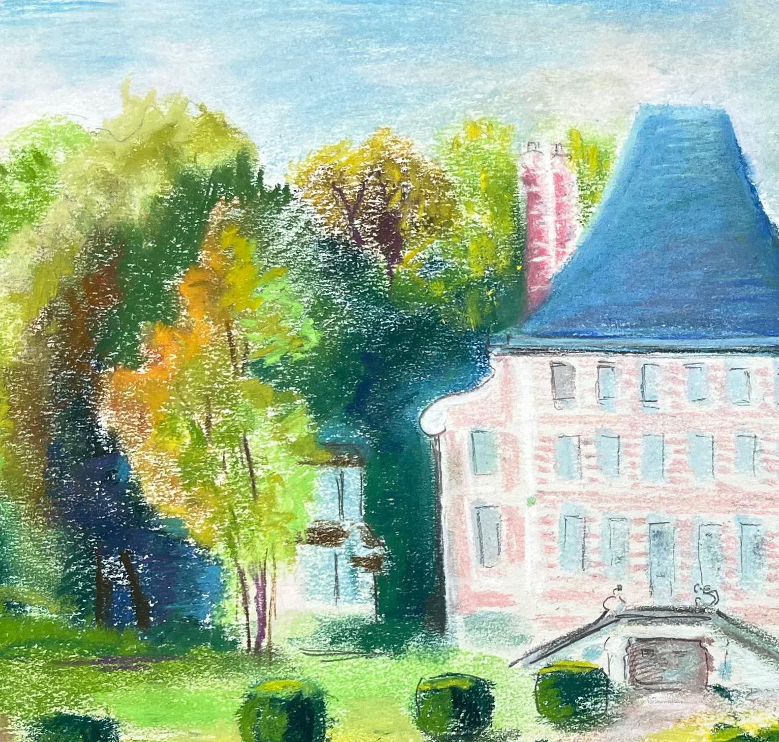 Pastel francés de mediados del siglo XX del Castillo de Bénéauville en Normandía - Painting Posimpresionista de Anne Marie Migette Perard