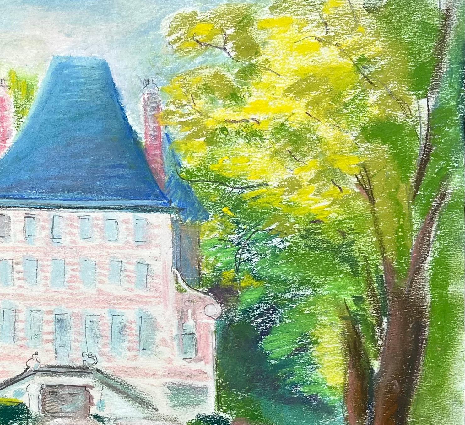 Pastel francés de mediados del siglo XX del Castillo de Bénéauville en Normandía - Landscape Painting Verde de Anne Marie Migette Perard