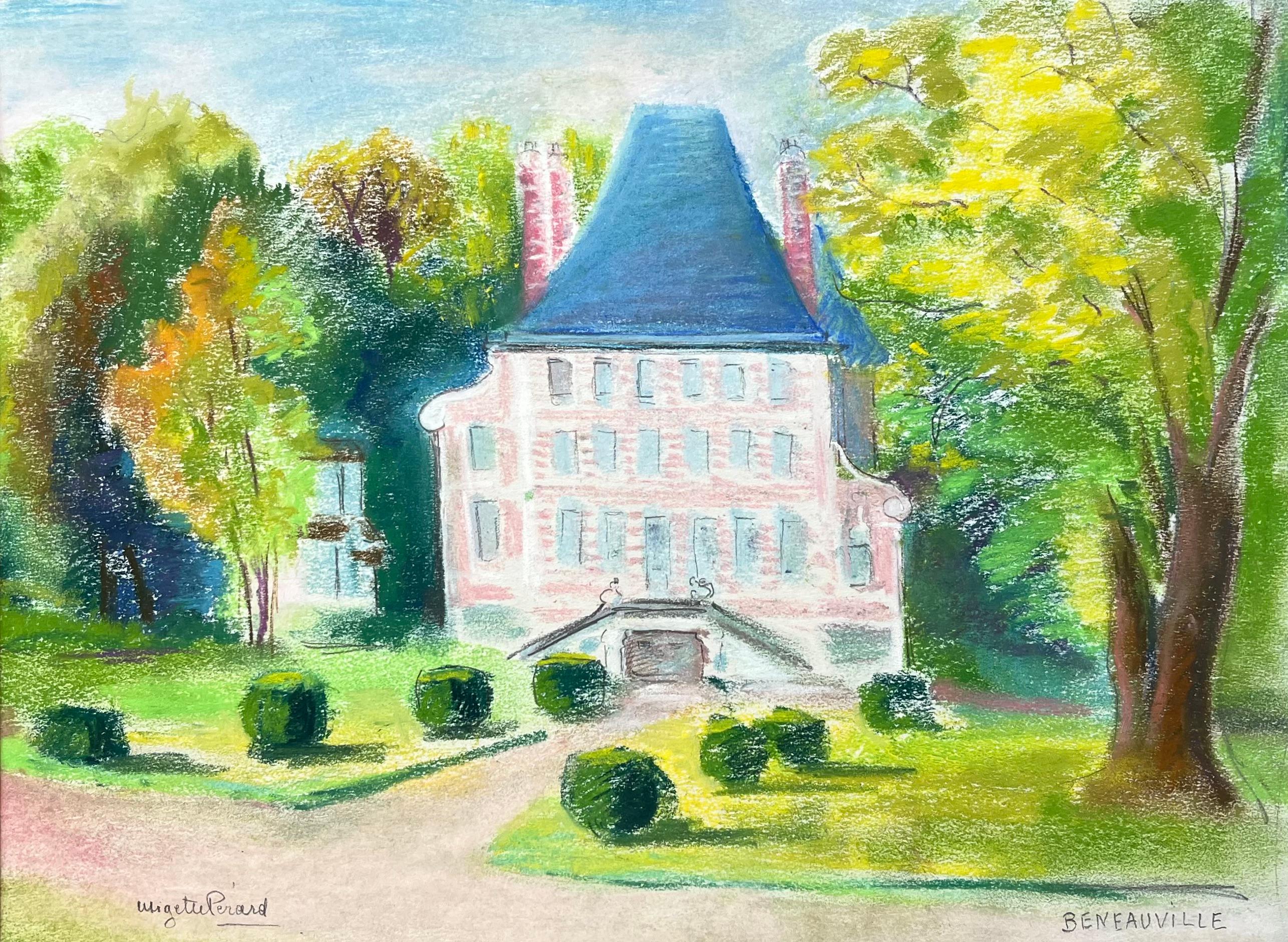 Landscape Painting de Anne Marie Migette Perard - Pastel francés de mediados del siglo XX del Castillo de Bénéauville en Normandía