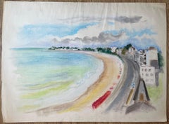 French Mid 20th Century Pastel of Coastal Promenade and Curving Bay View
