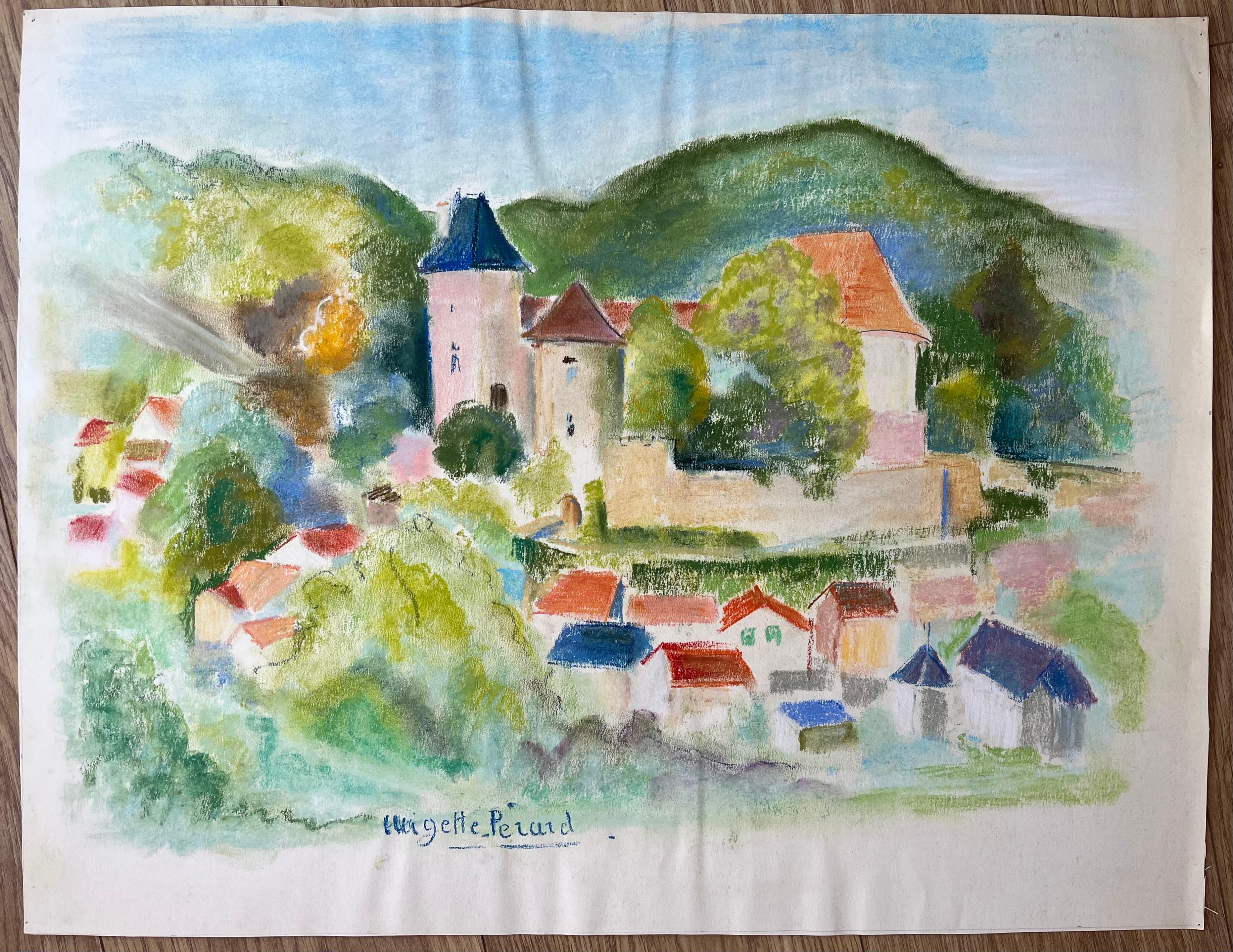 Pastello francese della metà del XX secolo raffigurante un villaggio in collina con castello e tetti in tegole - Painting di Anne Marie Migette Perard
