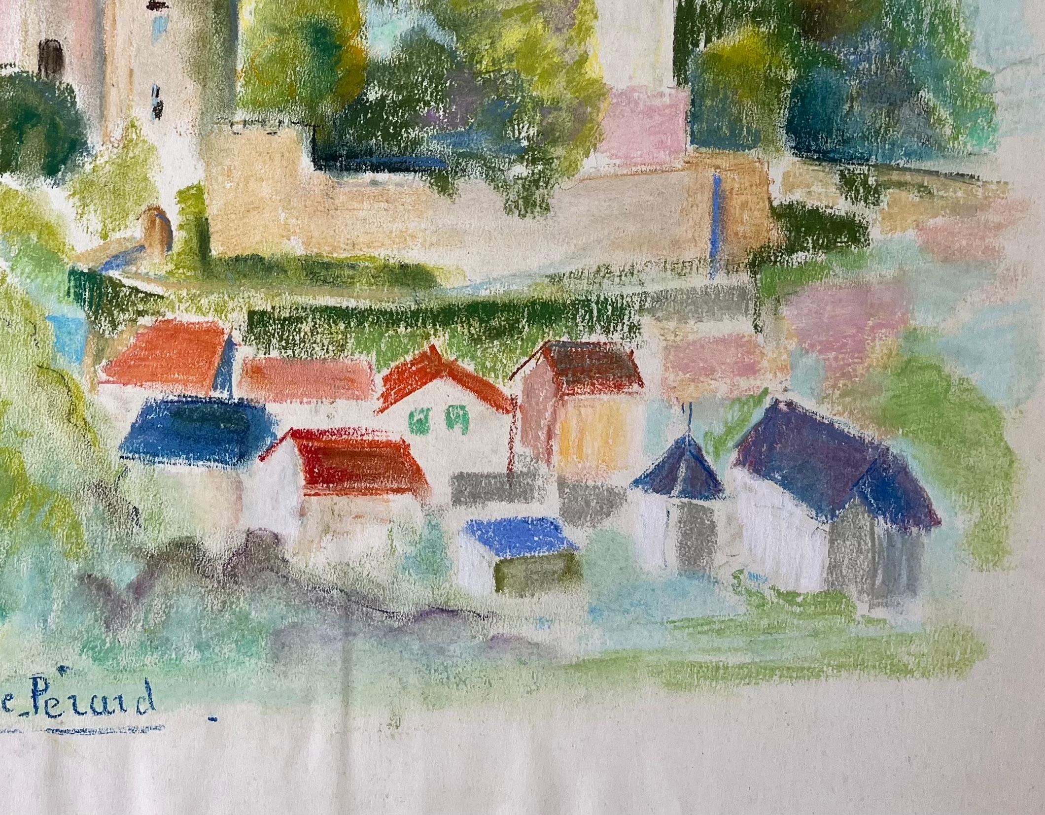 Titolo: Pastello francese della metà del XX secolo di un villaggio in collina con castello e tetti di tegole
di Anne Marie Migette Perard (francese, 1902-1977)
Firmato: Yes One
Medio: Pastello su carta non incorniciata
Dimensioni: 18,75 pollici