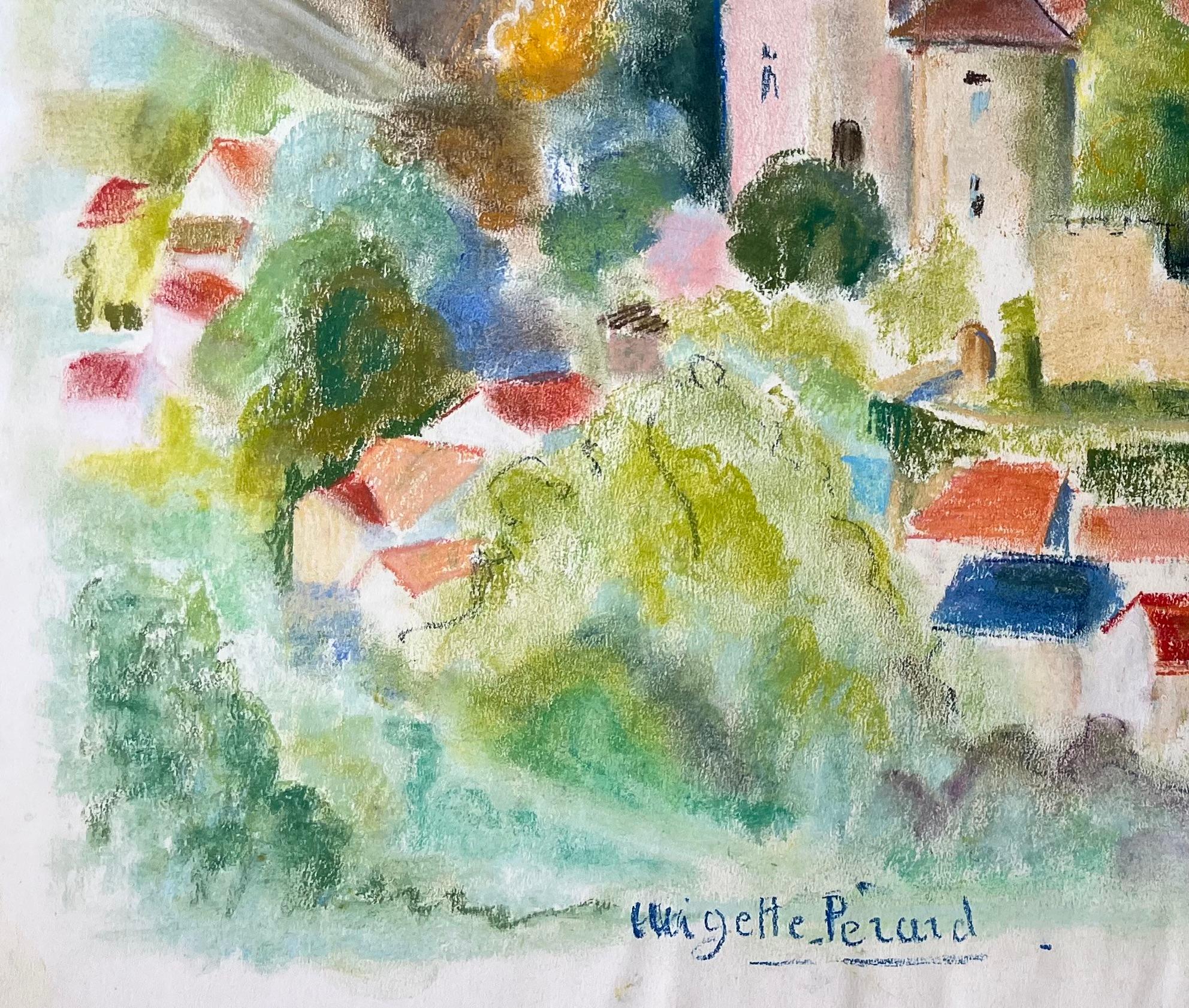 Pastello francese della metà del XX secolo raffigurante un villaggio in collina con castello e tetti in tegole in vendita 1