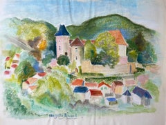 Französisches Pastell aus der Mitte des 20. Jahrhunderts mit einem Dorf auf einem Hügel mit Schloss und Ziegeldächern