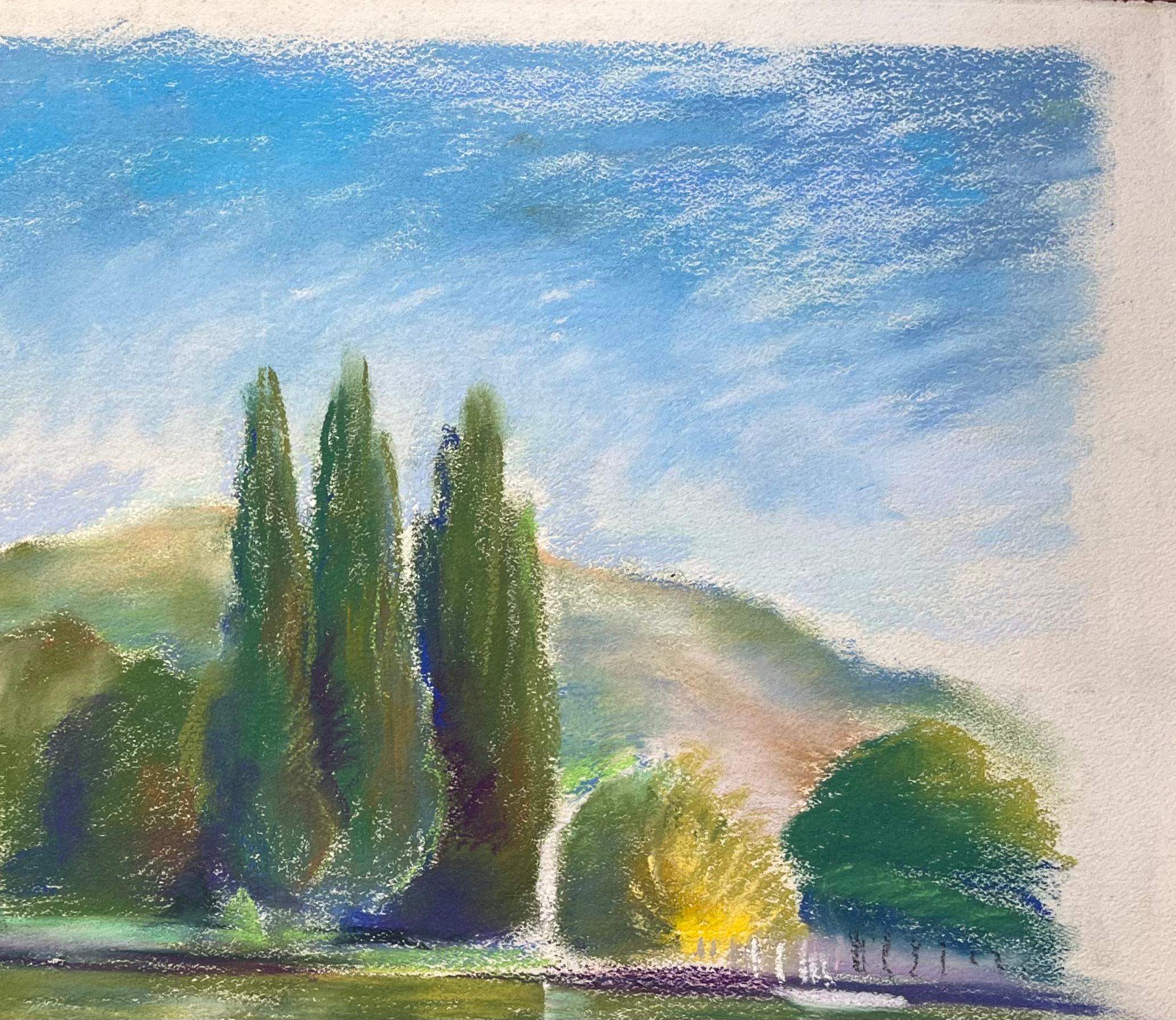 Pastello francese della metà del XX secolo raffigurante un paesaggio lacustre con una barca rossa in vendita 1