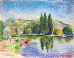 Pastel francés de mediados del siglo XX de paisaje lacustre con barco rojo
