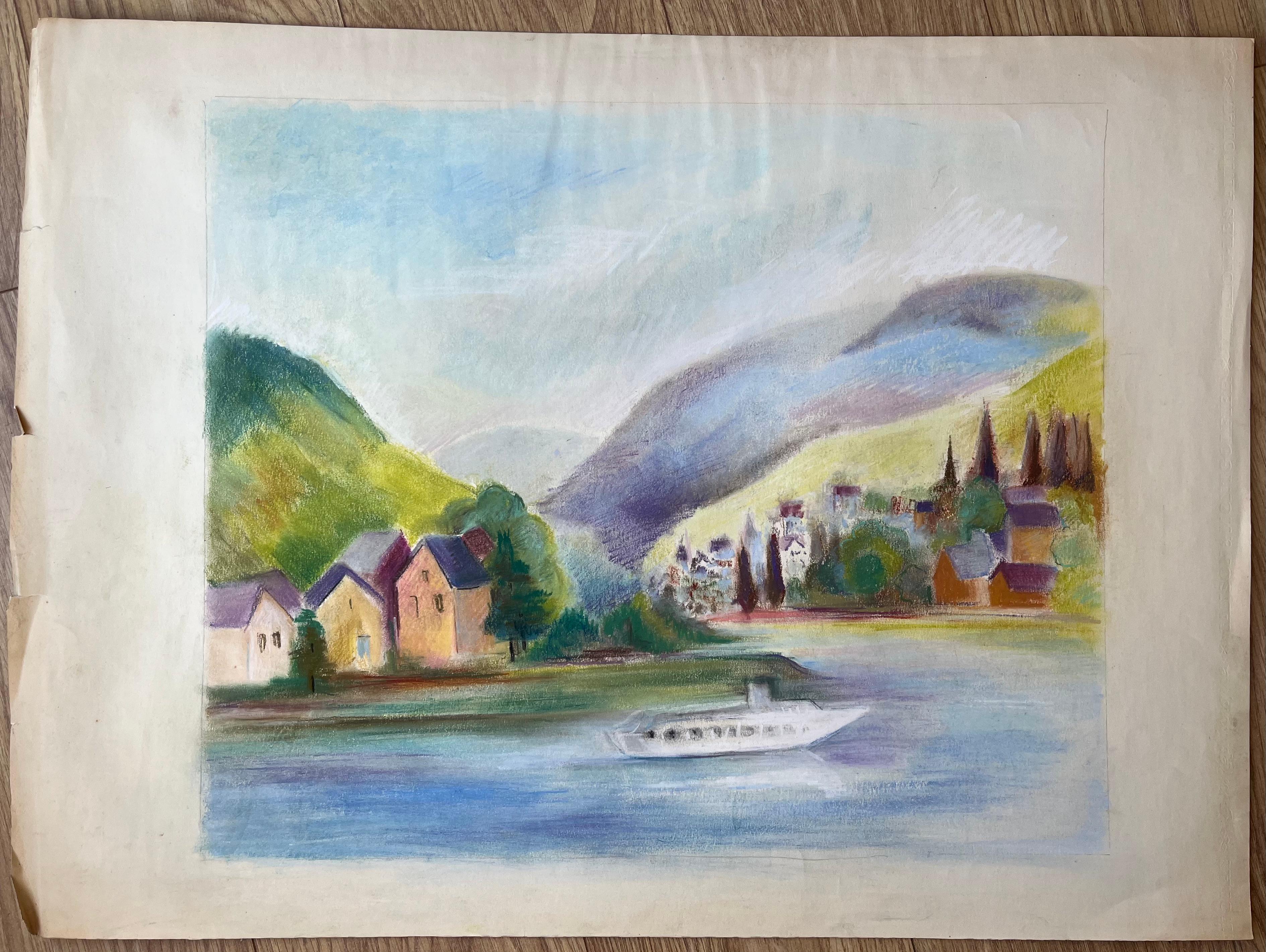 Pastello francese della metà del XX secolo raffigurante un villaggio fluviale e montagne con barca - Painting di Anne Marie Migette Perard