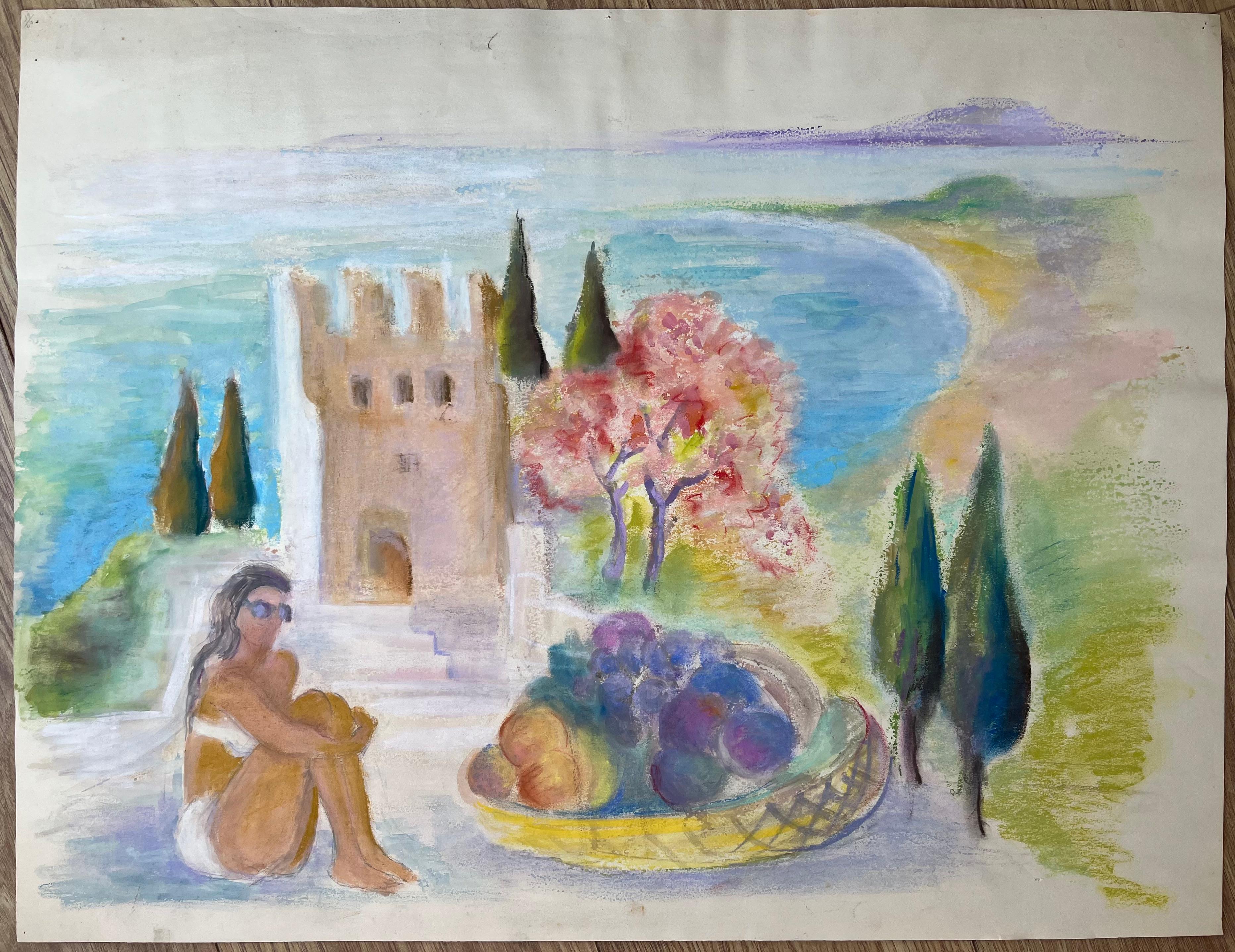 Pastel francés de mediados del siglo XX de torre junto al mar, bañista y cesta de fruta - Painting de Anne Marie Migette Perard