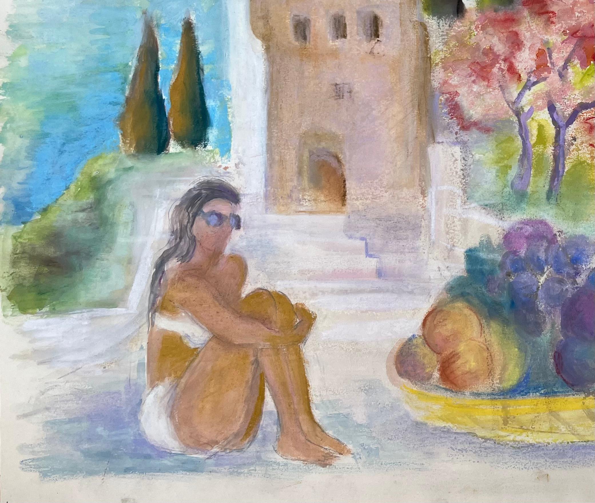 Pastel francés de mediados del siglo XX de torre junto al mar, bañista y cesta de fruta - Painting Posimpresionista de Anne Marie Migette Perard