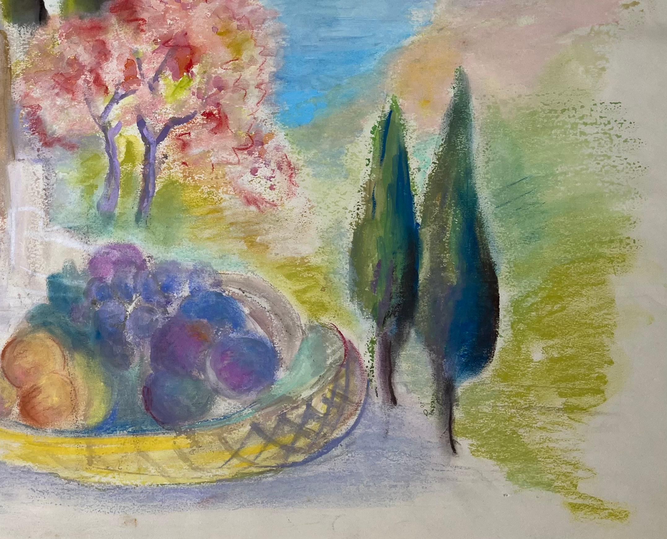 Pastel francés de mediados del siglo XX de torre junto al mar, bañista y cesta de fruta - Landscape Painting Gris de Anne Marie Migette Perard