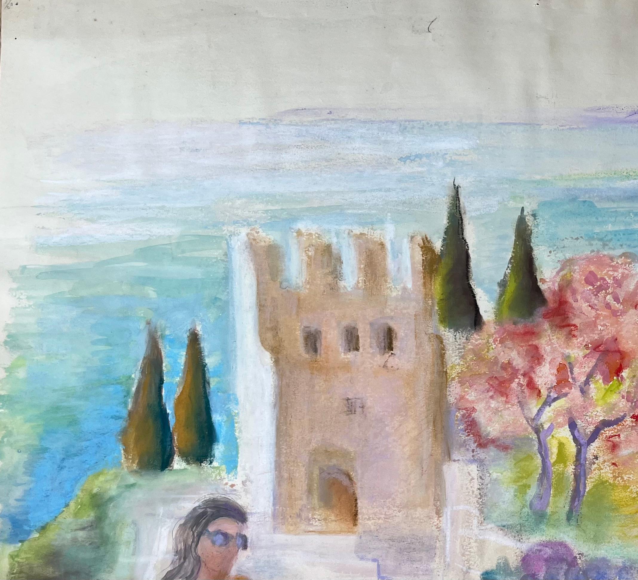 Título: Pastel francés de mediados del siglo XX de torre junto al mar, bañista y cesta de fruta
de Anne Marie Migette Perard (francesa 1902-1977)
Soporte: Pastel sobre papel sin enmarcar
Tamaño: 19,75 pulgadas (alto) x 25,75 pulgadas (ancho)