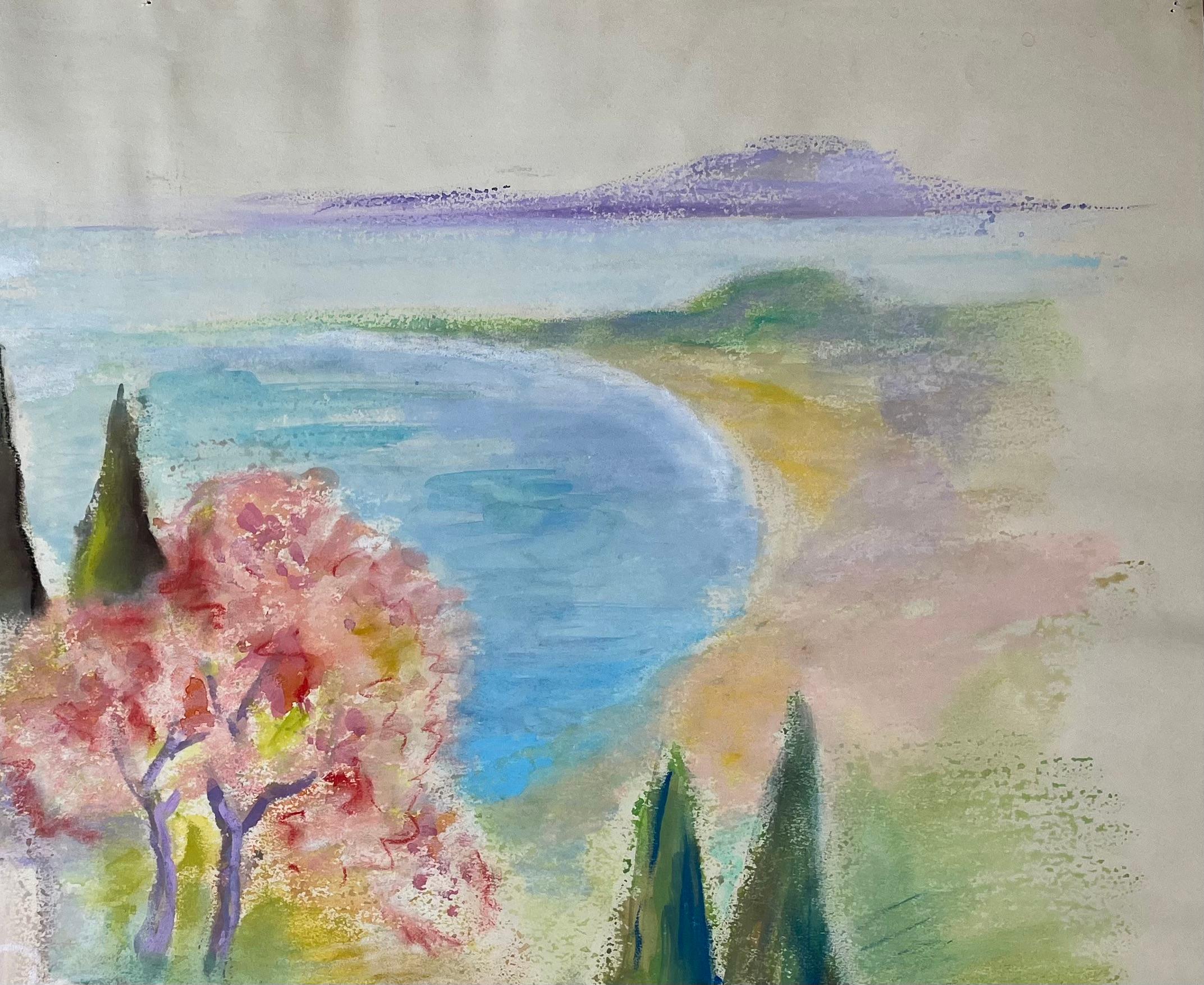 Pastel francés de mediados del siglo XX de torre junto al mar, bañista y cesta de fruta en venta 1
