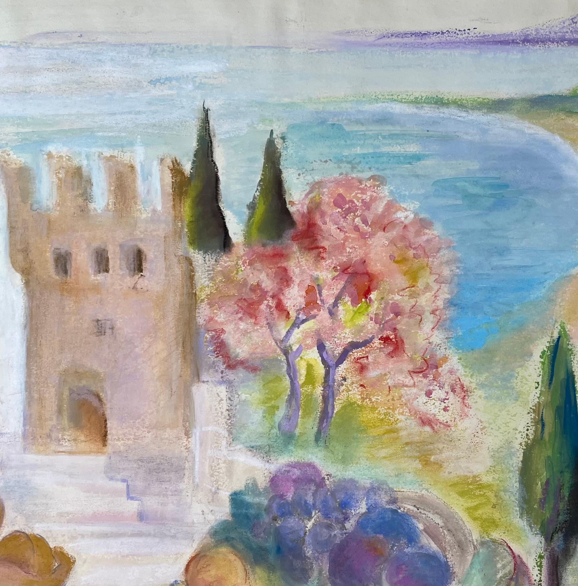 Pastel francés de mediados del siglo XX de torre junto al mar, bañista y cesta de fruta en venta 2