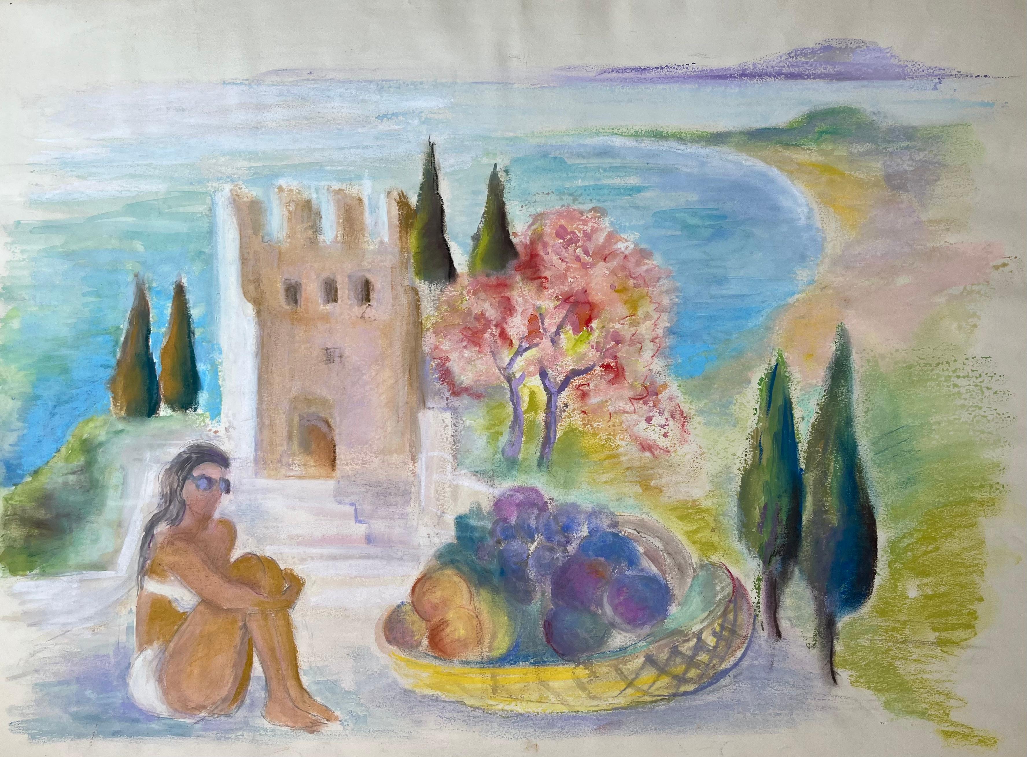 Landscape Painting de Anne Marie Migette Perard - Pastel francés de mediados del siglo XX de torre junto al mar, bañista y cesta de fruta