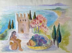 Französischer Pastellkorb mit Seeturm, Sonnenbather und Obstkorb aus der Mitte des 20. Jahrhunderts