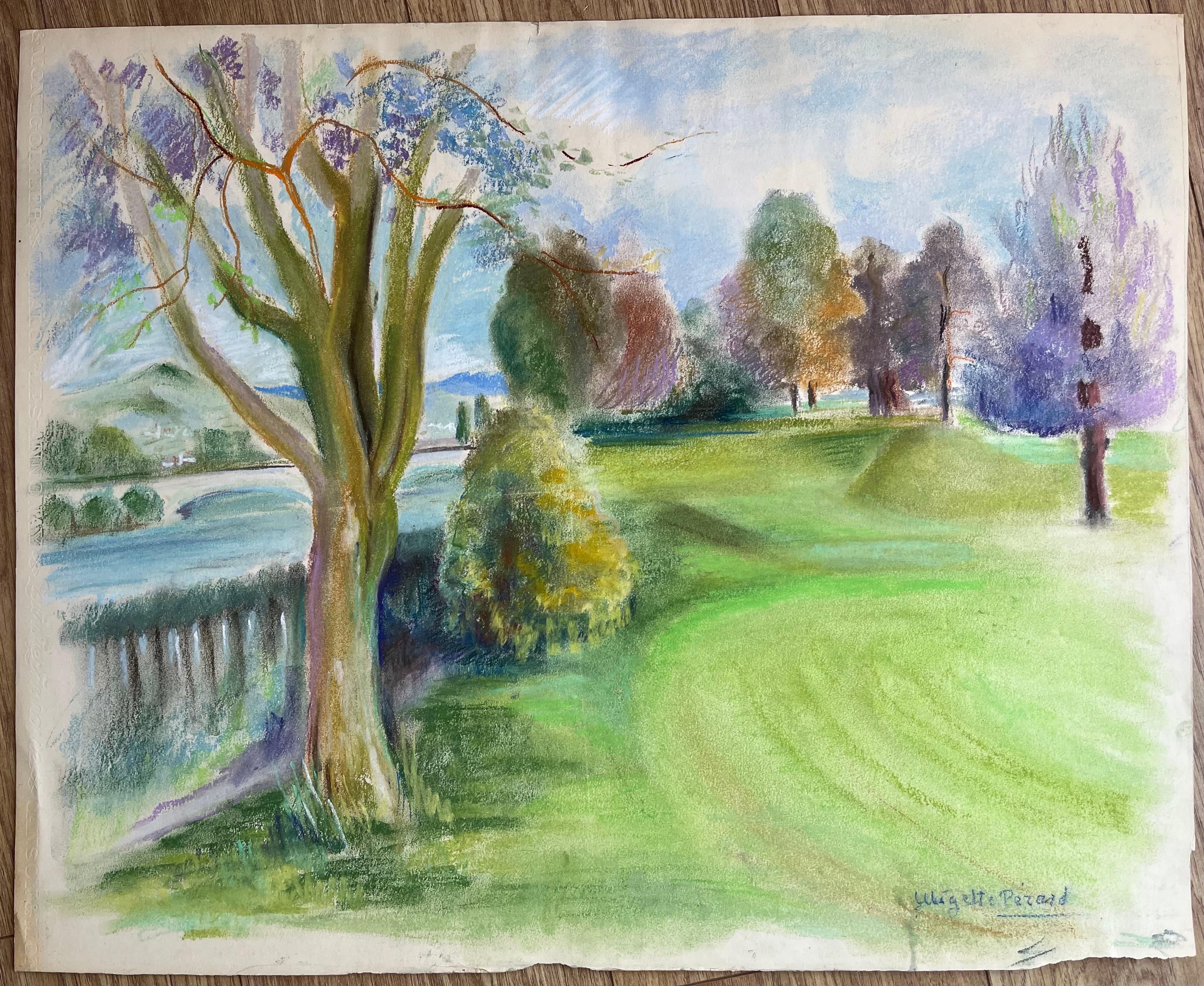 Pastello francese della metà del XX secolo raffigurante un parco illuminato dal sole con alberi e vista sul fiume - Painting di Anne Marie Migette Perard