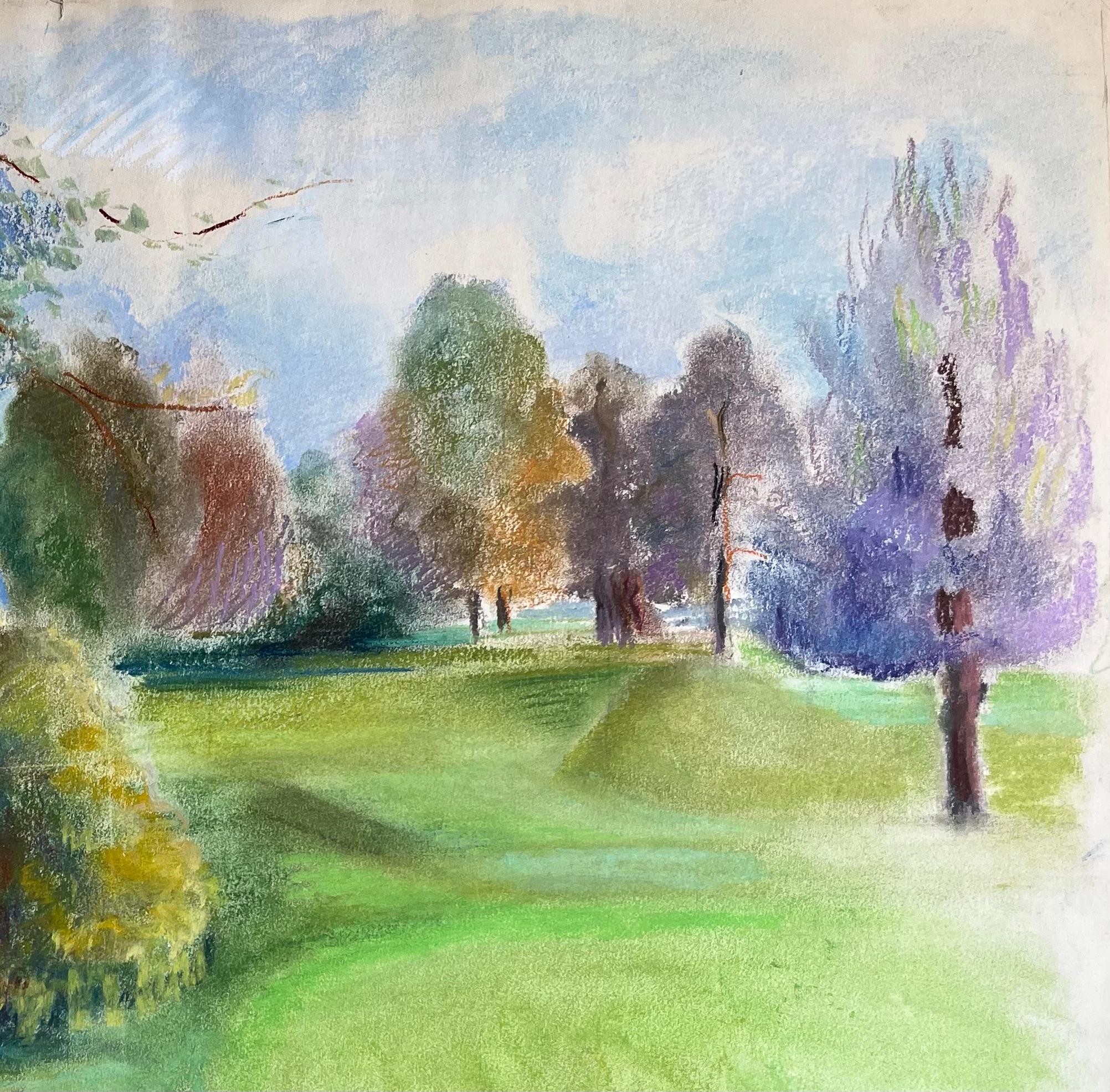 Pastello francese della metà del XX secolo raffigurante un parco illuminato dal sole con alberi e vista sul fiume - Landscape Painting Grigio di Anne Marie Migette Perard