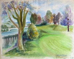 Pastello francese della metà del XX secolo raffigurante un parco illuminato dal sole con alberi e vista sul fiume