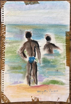 French Mid-20th Century Pastel Swimmers in the Sea