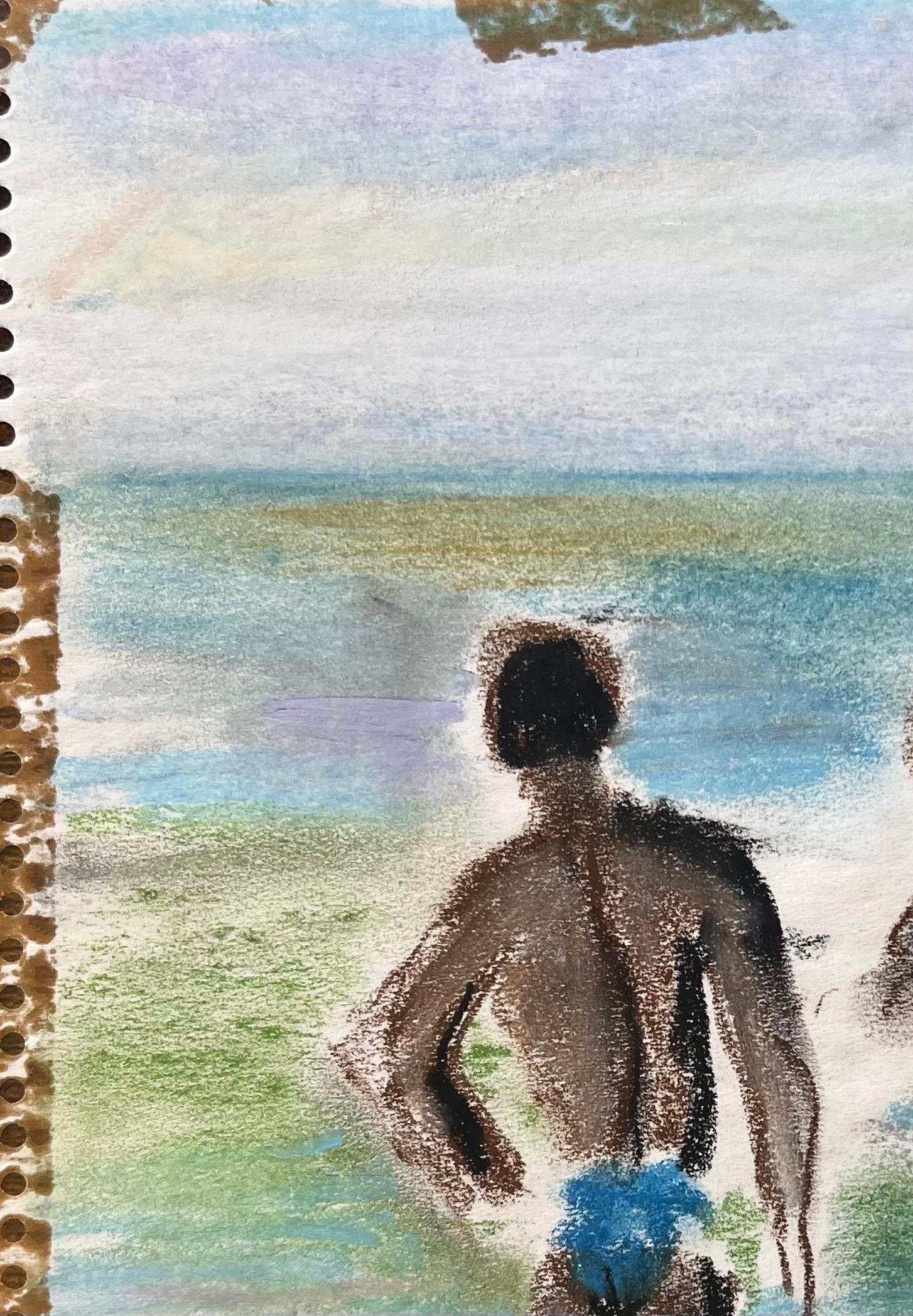 French mid 20th Century Pastel Nadadores en el mar - Painting Posimpresionista de Anne Marie Migette Perard