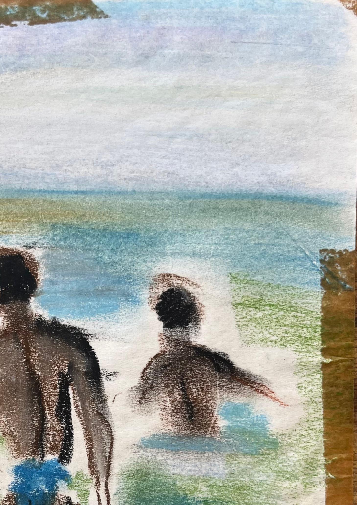 French mid 20th Century Pastel Nadadores en el mar - Landscape Painting Gris de Anne Marie Migette Perard