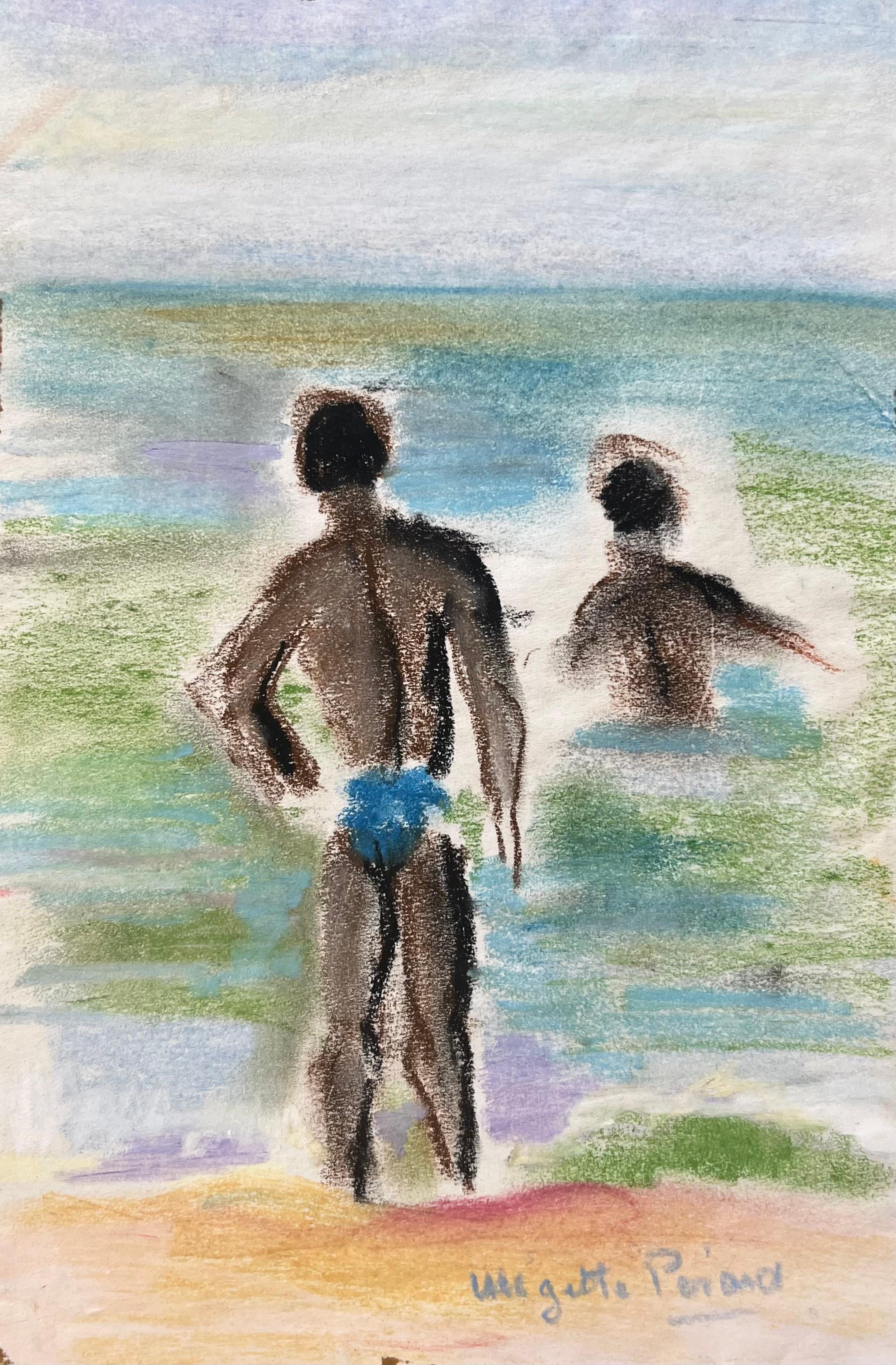 Landscape Painting de Anne Marie Migette Perard - French mid 20th Century Pastel Nadadores en el mar