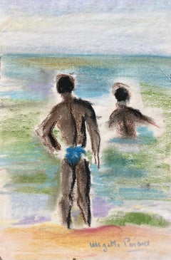 Pastel français du milieu du 20e siècle Nageuses dans la mer