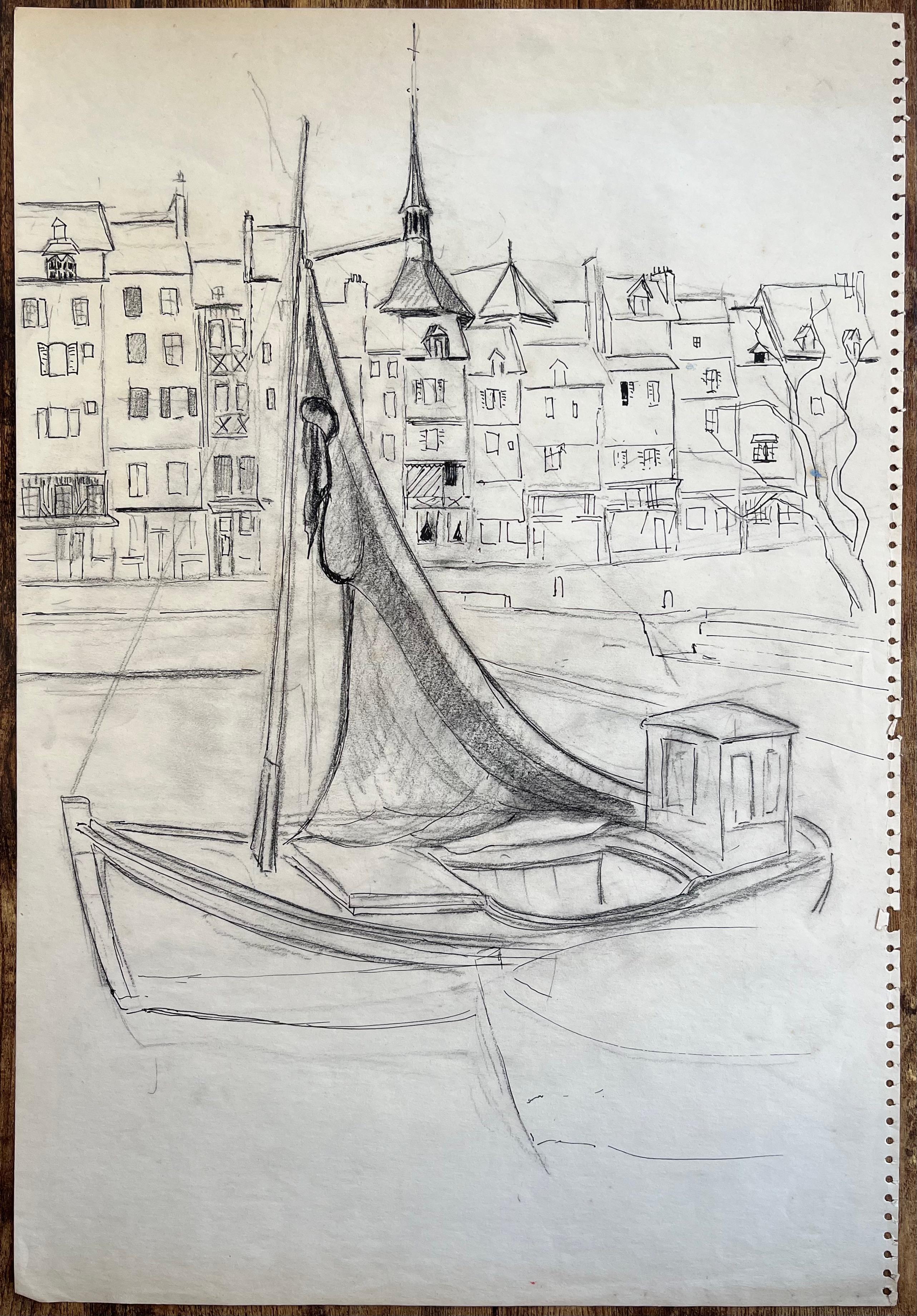 French mid 20th Century Dibujo a lápiz de barco pesquero en el puerto de Honfleur - Painting de Anne Marie Migette Perard