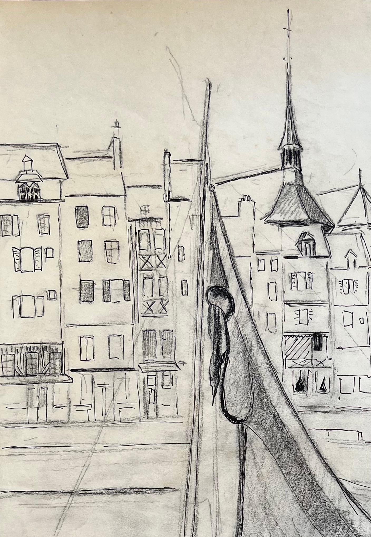 French mid 20th Century Dibujo a lápiz de barco pesquero en el puerto de Honfleur - Painting Posimpresionista de Anne Marie Migette Perard