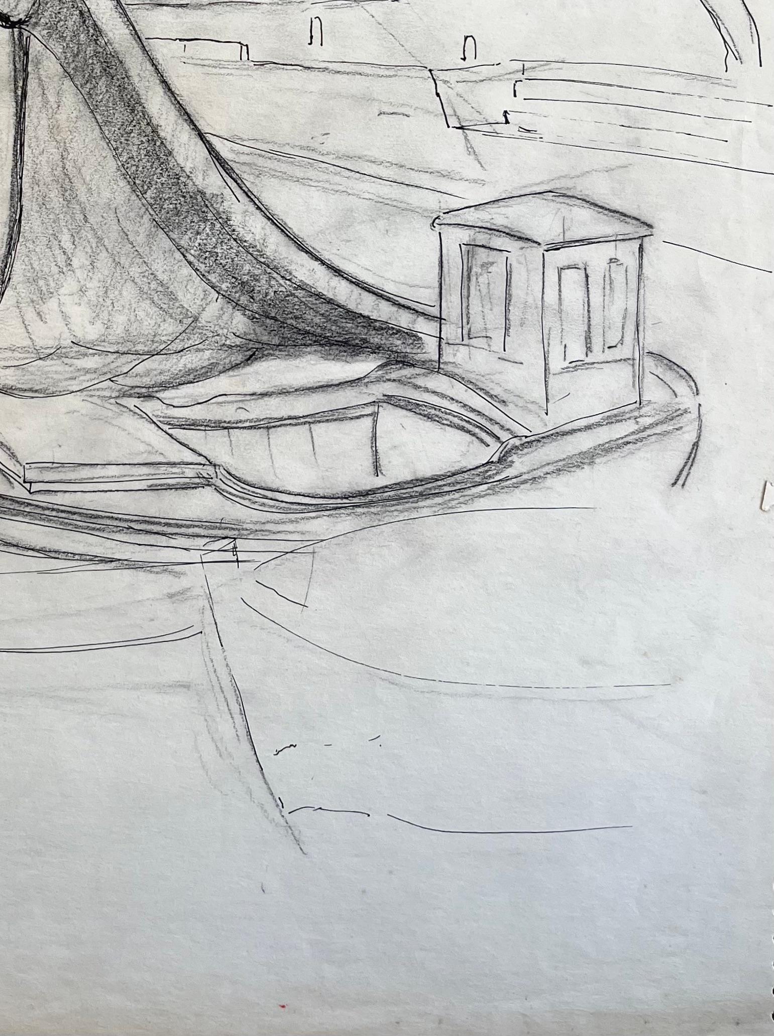 French mid 20th Century Dibujo a lápiz de barco pesquero en el puerto de Honfleur en venta 1