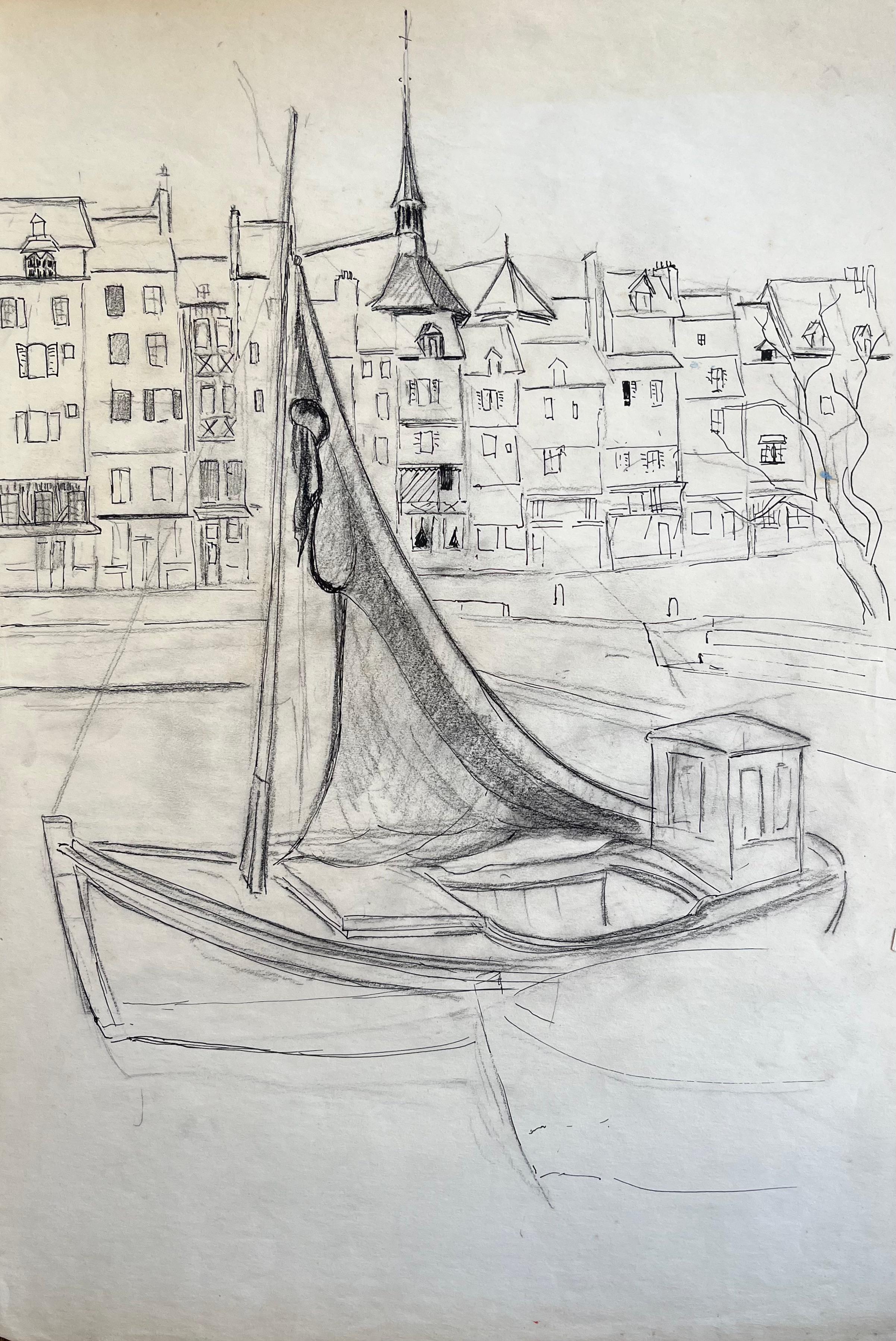French mid 20th Century Disegno a matita di una barca da pesca nel porto di Honfleur