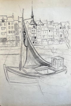 French mid 20th Century Disegno a matita di una barca da pesca nel porto di Honfleur