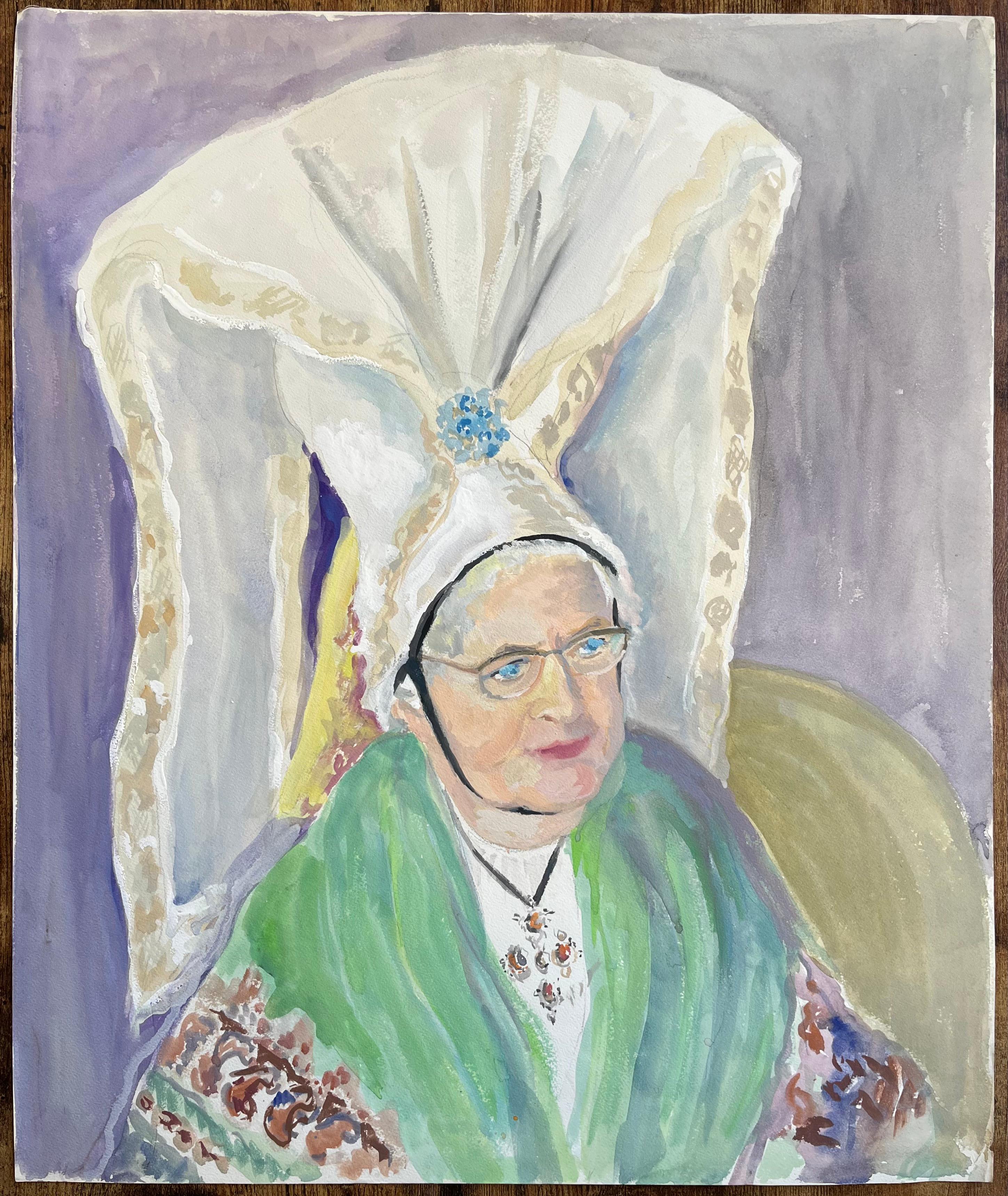 French mid 20th Century Retrato de mujer con tocado tradicional alsaciano - Painting de Anne Marie Migette Perard