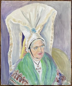 French mid 20th Century Retrato de mujer con tocado tradicional alsaciano