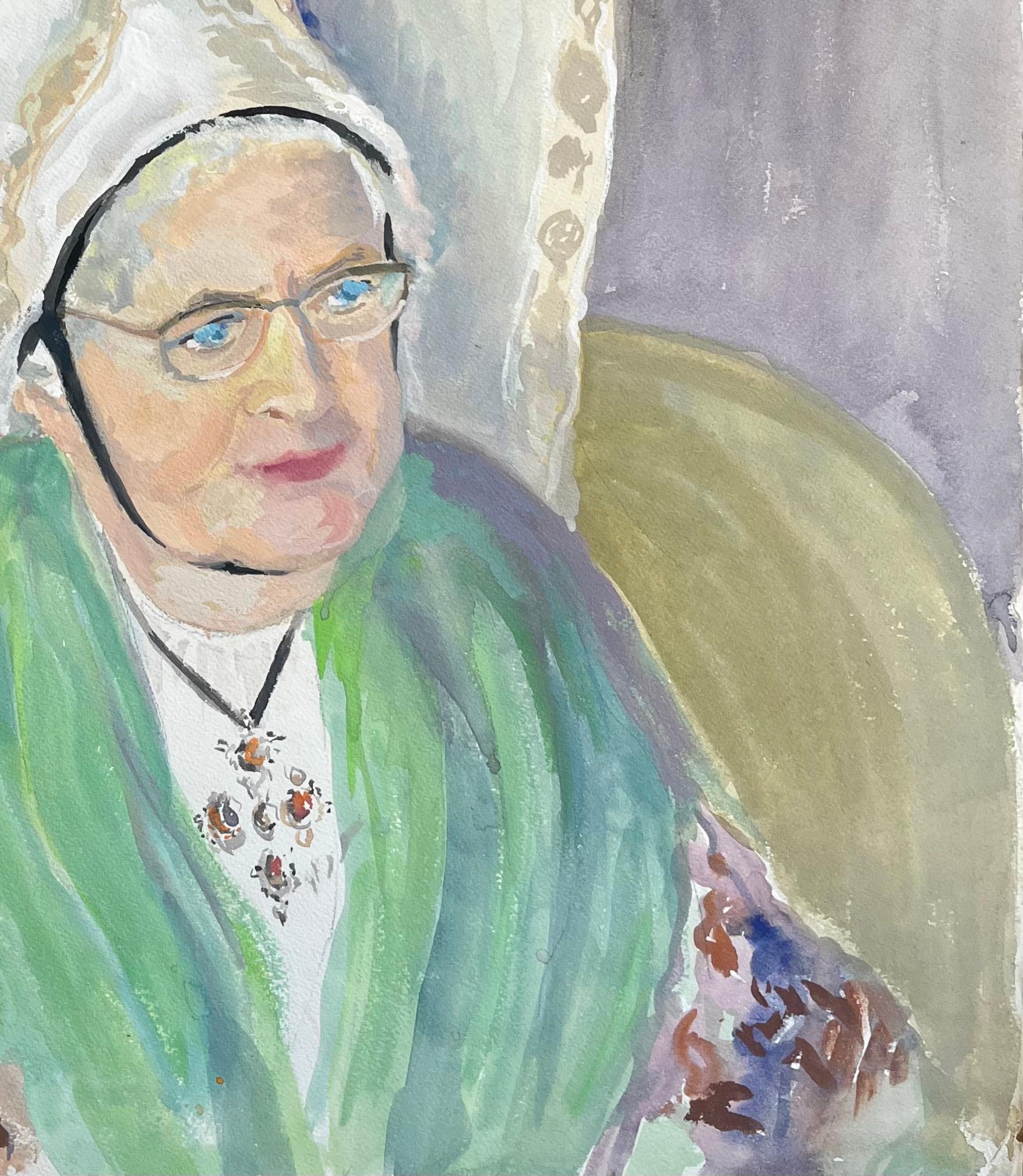 French mid 20th Century Retrato de mujer con tocado tradicional alsaciano - Painting Posimpresionista de Anne Marie Migette Perard
